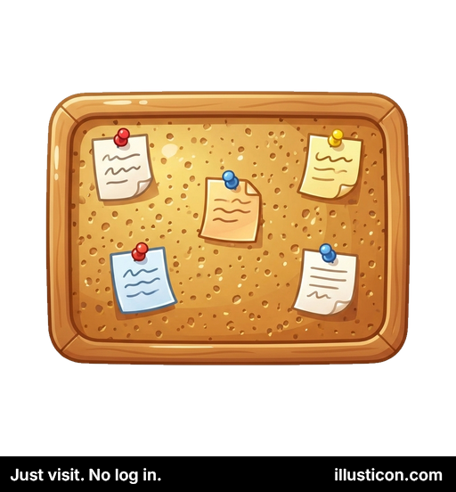 漫画風のピン留めされたメモ付きコルクボード