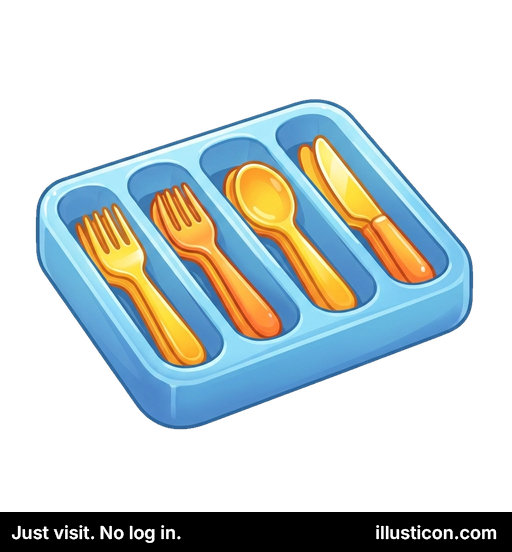 青いトレイに入ったオレンジ色のカトラリー